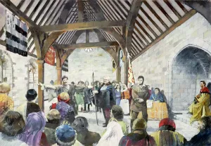 Prints of PICKERING CASTLE, North Yorkshire. Interior reconstruction drawing by Ivan Lapper of the New Hall in use as a court room. Presidential chair on right House And Home Prints: Print of Pickering Castle's reconstructed court room interior