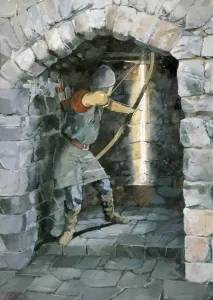 Prints of BEESTON CASTLE, Cheshire. Reconstruction drawing by Ivan Lapper. Archer firing arrow through arrow slit Cheshire Prints: Medieval Beeston Castle Print