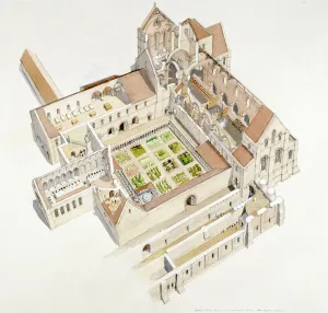 Prints of BUILDWAS ABBEY, Shropshire. Aerial view cutaway reconstruction drawing of the abbey in the 12th century by Terry Ball (English Heritage Graphics Team) Shropshire Prints: Buildwas Abbey Print: A 12th-century aerial view reconstruction