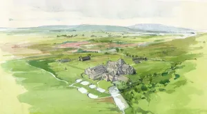 Prints of HAILES ABBEY, Gloucestershire. The medieval buildings, fishponds, watercourses and other features of the abbey estate shown in their landscape setting Gloucestershire Prints: Hailes Abbey Print: Aerial Reconstruction
