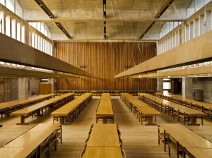 Prints of Central Building, Churchill College, Storeys Way, Cambridge, Cambridgeshire. 1961- 68. Sheppard Robson and Partners. Interior of dining hall. NHLE 1227706 Architecture in England - Historic and Modern Buildings: Churchill College Dining Hall Print, 1961-68
