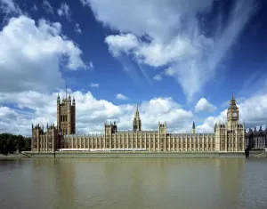 Victorian Architecture - Buildings, Streets and Landmarks: Print of the Houses of Parliament from across the Thames