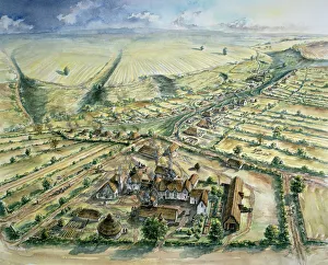 Heritage/reconstructing past medieval life illustrations/wharram percy medieval village j890256 Heritage/reconstructing past medieval life illustrations/wharram percy medieval village j890256
