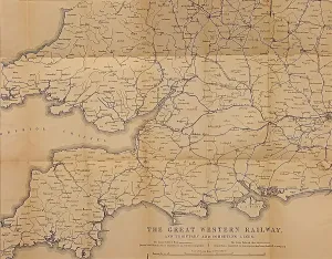 Prints of GWR map 1850, from a report into The Key to Investments - The Great Western Railway. The route of the GWR is highlighted in red Artwork And Documents Prints: GWR Network Map Print, 1850