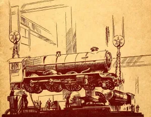 Prints of A drawing of a locomotive in the Swindon Works used on the front cover of a booklet describing the works Artwork And Documents Prints: Swindon Works Locomotive Print