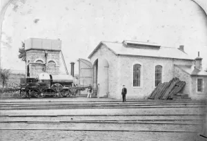 GWR Museum STEAM Prints: Broad Gauge Locomotive Aries seen outside Faringdon Engine Shed, c. 1865