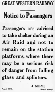Prints of This notice was issued to passengers in August 1940 by the GWRs General Manager, James Milne Artwork And Documents Prints: GWR Air Raid Warning Print 1940
