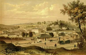 Prints of A reproduction of a lithograph showing Bridgend Station, South Wales, c.1850. The station opened in June 1850 on the line between Cardiff and Swansea Artwork And Documents Prints: Bridgend Station Lithograph Print, c. 1850