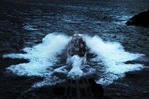 Launch of St Davids Tyne class lifeboat at night Launch of St Davids Tyne class lifeboat at night