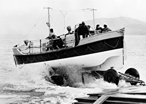 Oakley twin motor lifeboat Lilly Wainwright ON 976, Llandudno. Lifeboat being launched from trailer on slipway Oakley twin motor lifeboat Lilly Wainwright ON 976, Llandudno. Lifeboat being launched from trailer on slipway