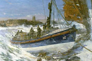 Oil painting. Cromer lifeboat going to the aid of the Sepoy in 1933. Town in the background. Lifeboat foreground centre Oil painting. Cromer lifeboat going to the aid of the Sepoy in 1933. Town in the background. Lifeboat foreground centre