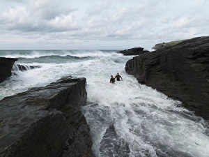 Reconstruction of the rescue of a fisherman by two RNLI lifeguards Chris Boundy and John Dugard at Trebarwith Strand Reconstruction of the rescue of a fisherman by two RNLI lifeguards Chris Boundy and John Dugard at Trebarwith Strand