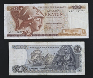 100 and 50 drachmas bills, Greece. Coin 100 and 50 drachmas bills, Greece. Coin