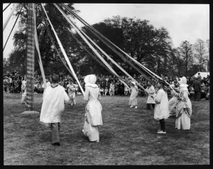 Prints of The children of Ickwell, Bedfordshire continue the English tradition of Maypole dancing on the village green as part of their May Day festivities Bedfordshire Prints: Maypole Dancing Print