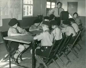 1950s Childhood Prints: Boy Scouts Learning Morse Code Print, 1950