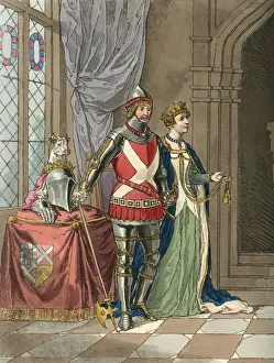 Prints of Ralph Neville, first earl of WESTMORLAND, with his second wife Joan Beaufort, daughter of John of Gaunt, duke of Lancaster. He is wearing his battle dress, she a fine gown. Date: 1364 - 1425 Westmorland Prints: Ralph Neville, 1st Earl of Westmorland Print with Joan Beaufort