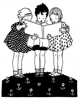 Print of Three Children in a Flowery Meadow Reading