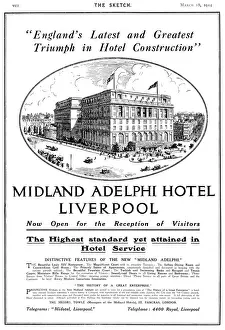 Prints of Advertisement for the newly opened Midland Adelphi Hotel in Liverpool, heralded as, Englands latest and greatest triumph in hotel construction.@ Date: 1914 Liverpool Prints: Advertisement Print for Liverpool Adelphi Hotel, 1914