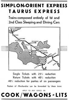 Prints of Advertisement for the Simplon-Orient Express and the Taurus Express Related Prints: 1937 Simplon-Orient Express and Taurus Express Route Print