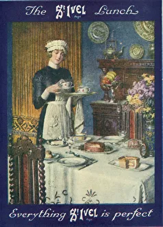 Advertisement for St. Ivel with a maid bringing bowls of soup (or cups of tea Advertisement for St. Ivel with a maid bringing bowls of soup (or cups of tea