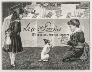 Prints of Two children tempt a small dog with a spoon of Lea and Perrins Original Worcestershire Sauce Worcestershire Prints: Worcester Sauce Print: Two Children Tempt a Dog with Lea and Perrins