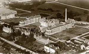 Prints of An aerial view of Redhill Hospital, Hendon, Middlesex originally opened in 1927 as the Hendon Union infirmary. The older building (below centre) was originally the Hendon Union school, erected in 1859 Middlesex Prints: Aerial view of Redhill Hospital, Hendon, Middlesex Print