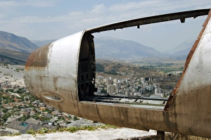 Albania. Gjirokaster viewed through the cockpit of the Ameri Albania. Gjirokaster viewed through the cockpit of the Ameri