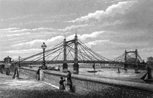 Prints of Connecting Chelsea and Battersea : built 1871-3 by R M Ordish using a hybrid cantilever and suspension technique. Date: circa 1880 Bridge Prints: Albert Bridge London Print circa 1880