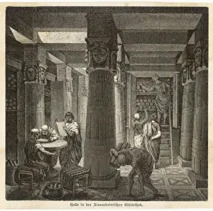 Prints of Scholars examine the scrolls of the library of Alexandria, the greatest collection of the ancient world, burnt in 47 and finally destroyed by Moslem general Amrou 22 December 640 Egypt Prints: Print of Scholars examining ancient scrolls at the Library of Alexandria