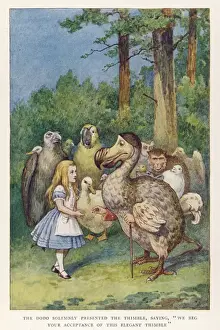 Prints of Alice and the Dodo -- the Dodo solemnly presented the thimble saying, We beg your acceptance of this elegant thimble Columbiformes Prints: Alice and the Dodo Print - The Dodo presents a thimble
