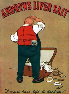Prints of I must have left it behind. A bemused gent scratches his head as he searches his suitcase for his precious tin of Andrews Liver Salt. It is, of course, in his back trouser pocket. Date: c.1920 H Prints: Andrews Liver Salt Print, c.1920
