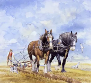 Prints of Two heavy horses, pull a farmers plough through a newly cut cornfield. Painting by Malcolm Greensmith Mammal Prints: Horses pulling the plough Print by Malcolm Greensmith