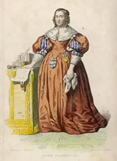 Anne of Austria Print: Engraving of Louis XIII's Queen Standing at a Table