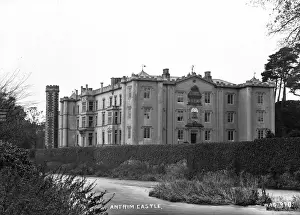 Prints of Antrim Castle - a view over the river to the castle, closer in. (Location: Northern Ireland: County Antrim: Antrim). Date: circa early 1900s Castle Prints: Antrim Castle Print: Early 20th Century View