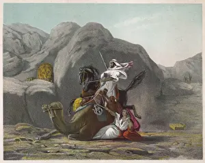 Arab Family Surprised by Lion in the Desert Print