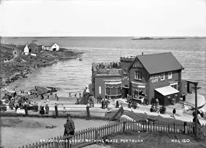 Prints of Arcadia and Ladies Bathing Place, Portrush - Elevated view with Arcadia Caf頯 n the right, a lot of people and the photographer in the foreground County Antrim Prints: Early 20th Century Print of Portrush Beach Scene