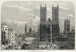 Prints of A London vista, with a horse-drawn tram and carriages, and several buildings of note including Westminster Hospital, Big Ben, Parliament Square, St Margarets Church Tram Prints: An Architectural Group in Westminster London Print 1880s
