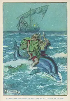 Prints of A Greek poet and musician, reputed to have been cast into the sea by mariners but carried to Taenaros on a dolphins back Aquatic Prints: Arion on a Dolphin Print