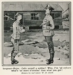 Prints of Cartoon on the comparitive intelligence of British Privates and Officers. the Sergeant-Major stating hes ad orficers whats d more h intellec than what you got Historical Event Prints: British Army Intelligence Compared: Print of a Satirical Cartoon