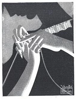 New Images July 2023 Collection: Art deco advert for Viyella knitting yarn, a silhouette of a lady's hands knitting. Date: 1931