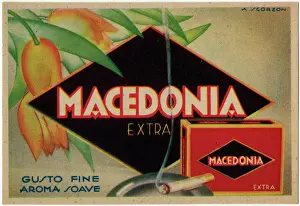 Prints of Lovely Art Deco Advertorial postcard for Macedonia Extra Cigarettes ( Fine Taste Sweet Aroma ) by Amos Scorzon (1885-?), poster designer and illustrator. Date: circa 1920s Macedonia Prints: Art Deco Print - Macedonia Cigarettes Advert circa 1920s