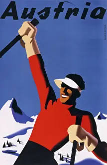 Prints of Tourism poster for Austria, with a skier in a sun visor against a backdrop of winter mountains Poster Prints: Austria Tourism Poster Print: Skier in Winter Mountains
