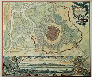Prints of Austria. Vienna. Plan of the walled city with Prater and the Danube River. Engraving, 1720 Map Prints: Plan of Vienna, 1720 Engraving Print