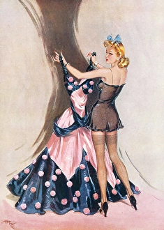 1943 Pin-up Print of a Woman Putting Away an Evening Dress