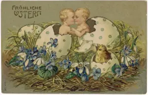 Easter Tradition Prints: Two babies and a chick hatching out of Easter eggs