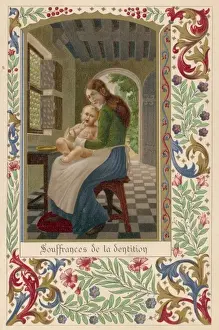 Print of a medieval child with first teeth pushing through