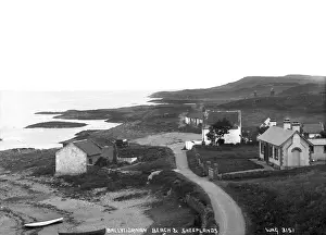 Prints of Ballyhornan Beach and Sheeplands - an elevated view of the beach and buildings, some thatched at Ballyhornan. There are boats on the beach. (Location: Northern Ireland; County Down; Ballyhornan) Down Prints: Early 20th Century Print of Ballyhornan Beach and Sheeplands