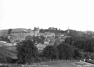 Prints of Ballynahinch, Co. Down - a panoramic level of the town looking down, with Churches visible. (Location: Northern Ireland; County Down; Ballynahinch). Date: circa early 1900s Down Prints: Early 20th Century Panoramic Print of Ballynahinch, Co. Down
