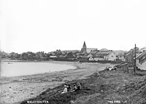 Prints of Ballywalter - a panoramic view of the town taken from the beach with children in the foreground. (Location: Northern Ireland; County Down; Ballywalter). Date: circa early 1900s Down Prints: Ballywalter Panorama Print, Early 1900s