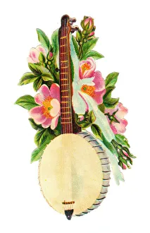 Banjo with pink flowers on a Victorian scrap Banjo with pink flowers on a Victorian scrap